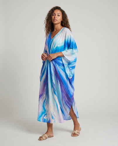 Damen eleganter Strandkaftan mit buntem Motiv und V-Ausschnitt EB