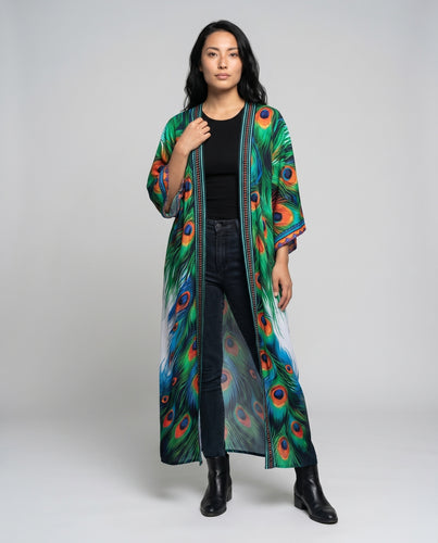 Damen eleganter Strandkimono mit farbenfrohem Federdesign EB
