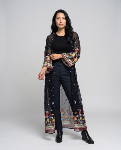 Damen eleganter Strandkimono mit floralen Applikationen EB