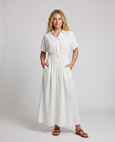 Damen elegantes Maxikleid mit Binde-Gürtel und praktischen Taschen EB