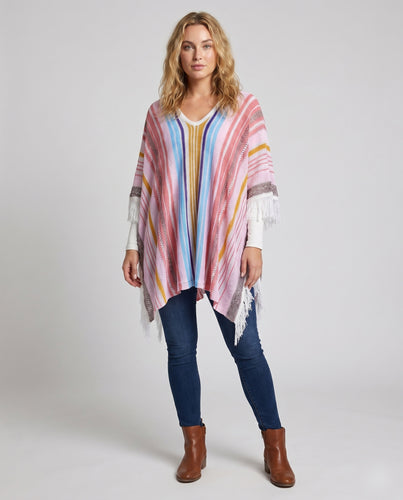 Damen Fransen-Streifenponcho aus leichtem Material EB