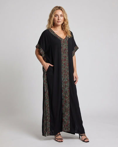 Damen Freizeit-Maxikleid mit elegantem V-Ausschnitt und kunstvollem Muster EB