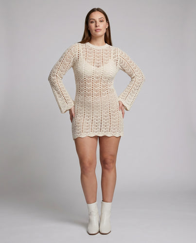 Damen Häkel-Strandkleid mit langem Arm und weitem Schnitt EB