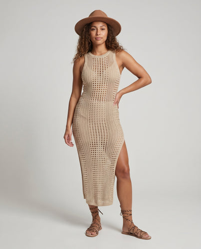 Damen Häkel-Strandkleid mit seitlichen Schlitzen und elastischem Bund EB