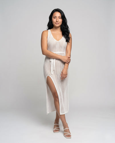 Damen Häkel-Strandkleid mit tiefem V-Ausschnitt und elastischem Taillengürtel EB