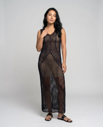 Damen Häkel-Strandkleid mit tiefem V-Ausschnitt und seitlichen Schlitzen EB