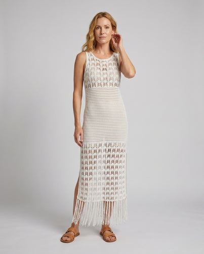 Damen Häkelstrickkleid mit Fransen und leichtem Schnitt EB
