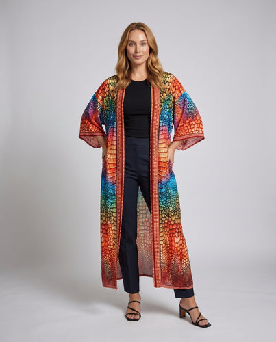 Damen Kaftan mit auffälligem Pfauenprint und elegantem Schnitt EB