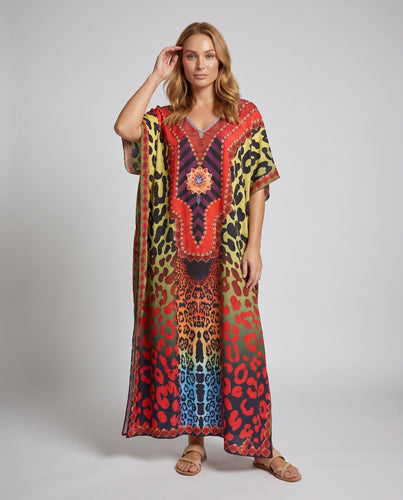 Damen Kaftan mit aufwendigem Tierdesign und bunten Akzenten EB