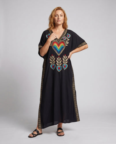 Damen Kaftan mit aufwendiger Herz- und Blumenstickerei EB