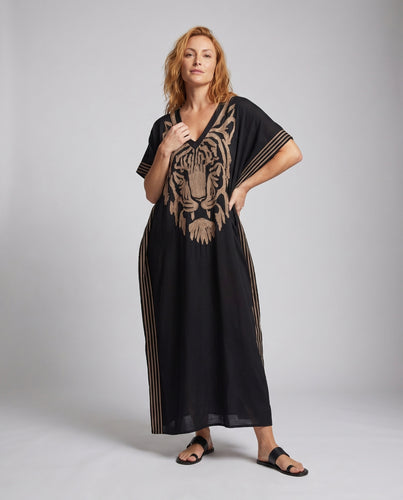 Damen Kaftan mit eindrucksvollem Tigerdesign und eleganten goldenen Akzenten EB