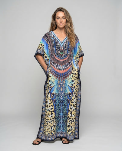 Damen Kaftan mit exotischem Tierdruck und auffälliger Stickerei EB