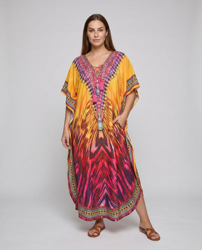 Damen Kaftan mit kunstvollem Muster und attraktiven Verzierungen EB
