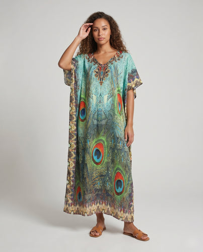 Damen Kaftan mit kunstvollem Pfauenmotiv und schwingendem Schnitt EB