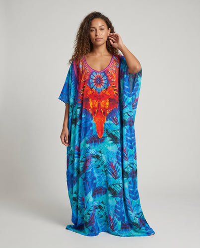 Damen Kaftan mit kunstvollem Tropenmotiv und weitem Schnitt EB