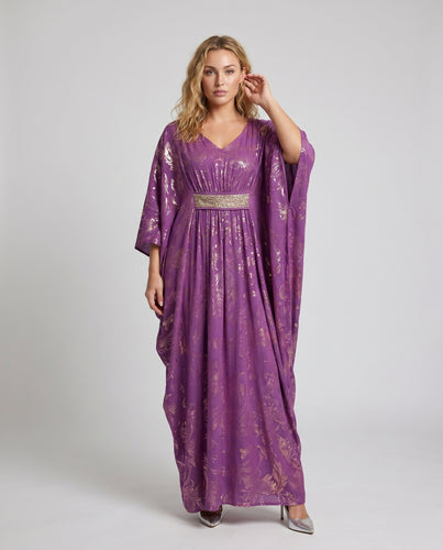 Damen Kaftan mit luxuriösem floralem Design und schimmerndem Gürtel EB