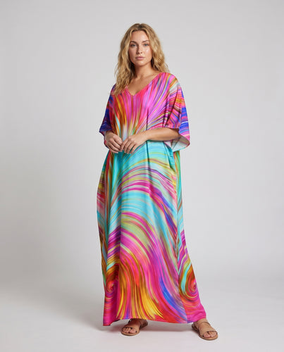 Damen Kaftan mit modernem grafischen Muster und elegantem V-Ausschnitt EB