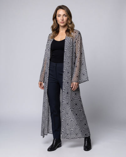 Damen Lange Kimono-Strandrobe mit geometrischem Design EB