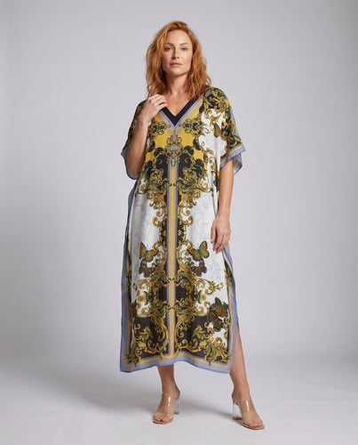 Damen langes Kaftan Kleid mit elegantem V-Ausschnitt und buntem Druck EB