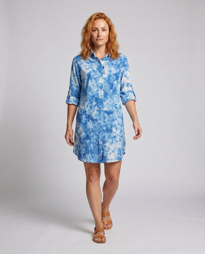 Damen lässiges Hemdblusenkleid mit kreativen Batikmustern EB