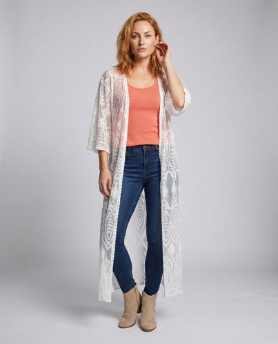 Damen leichter, transparenter Strandkimono mit filigranem Design EB