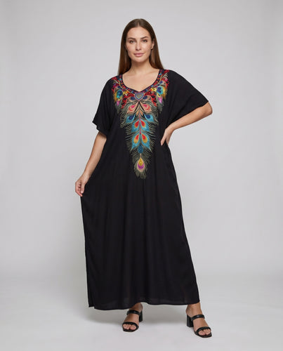 Damen luftiger Kaftan mit aufwendiger Federmuster-Stickerei EB