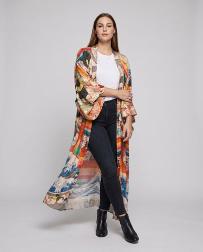 Damen luftiger Kimono mit buntem Grafikdesign EB