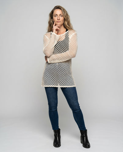 Damen luftiger Netzpullover mit langen Ärmeln EB