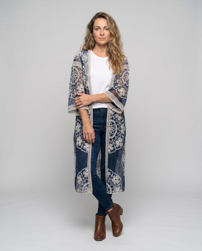 Damen luftiger Spitzen-Kimono mit aufwendiger Stickerei EB