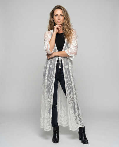 Damen luftiger Spitzen-Kimono mit floralem Design EB