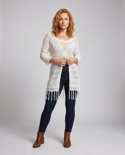 Damen luftiger Strandsweater mit Fransen und modischem Muster EB