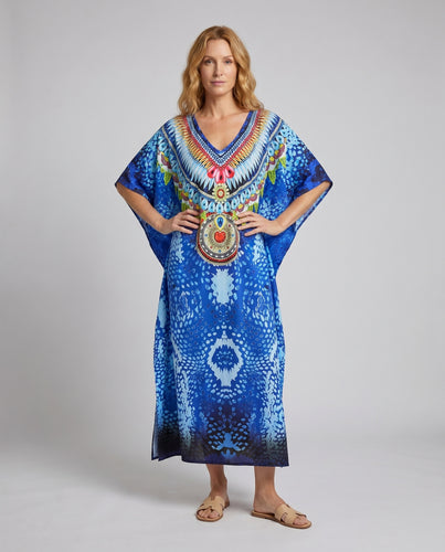 Damen Maxi-Kaftan mit buntem Ethno-Muster und eleganten Verzierungen EB