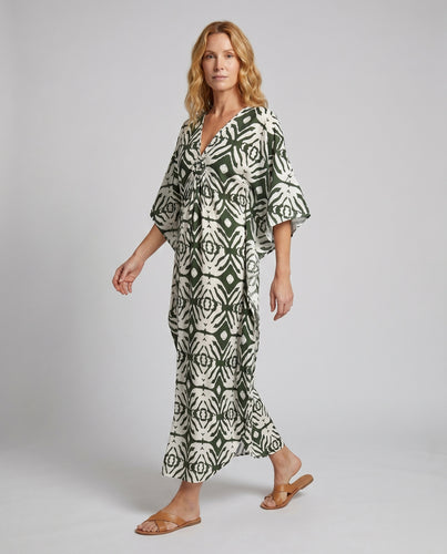 Damen Maxi-Kaftan mit buntem Leopardenmuster und praktischen Seitenschlitzen EB