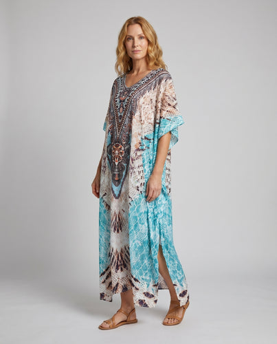 Damen Maxi-Kaftan mit exotischem Druck und fließendem Schnitt EB