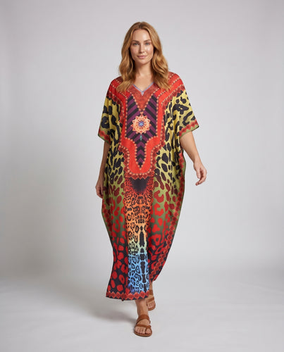 Damen Maxi-Kaftan mit kunstvollem Tierdruck und raffinierten Details EB
