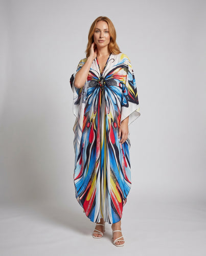 Damen Maxi-Kleid mit farbenfrohem, künstlerischem Druck EB