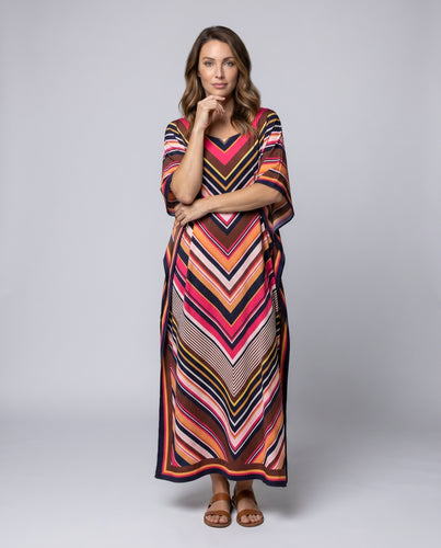 Damen Maxi-Strandkaftan mit modernem V-Ausschnitt und geometrischem Design EB