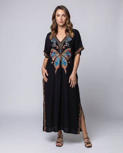 Damen Maxikaftan mit auffälliger Schmetterlingsstickerei EB