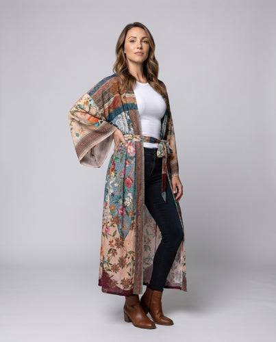 Damen Maxikaftan mit buntem Patchwork-Design und floralen Akzenten EB