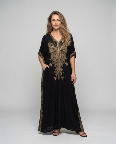 Damen Maxikaftan mit kunstvollem Schmetterlingsdesign und seitlichen Schlitzen EB