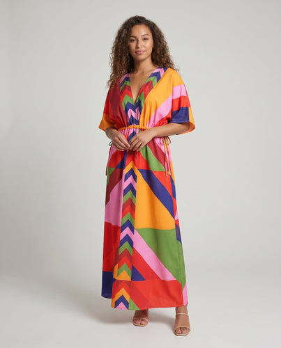 Damen Maxikleid im bunten geometrischen Design EB