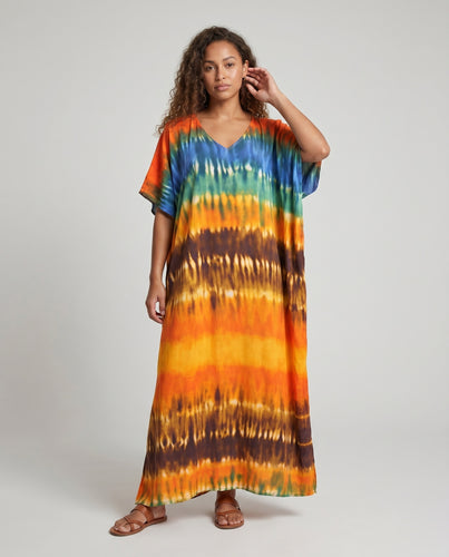Damen Maxikleid mit auffälligem Leoparden-Print und buntem Ethno-Muster EB