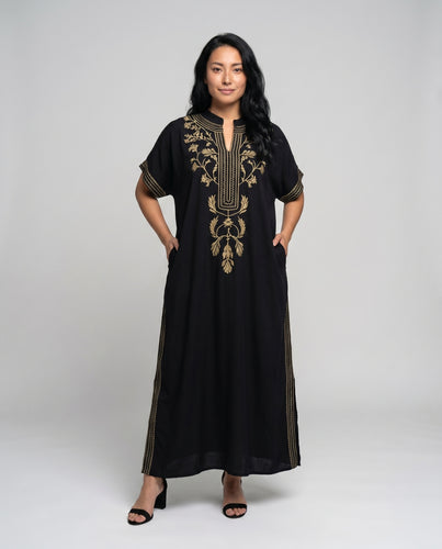 Damen Maxikleid mit aufwendigen Stickereien und elegantem V-Ausschnitt EB
