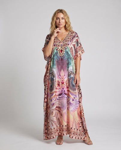 Damen Maxikleid mit buntem, künstlerischem Druck und charmantem V-Ausschnitt EB