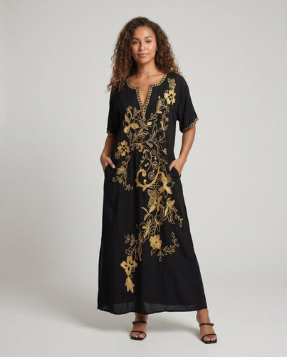 Damen Maxikleid mit eleganter goldener Bestickung Heidi Mode
