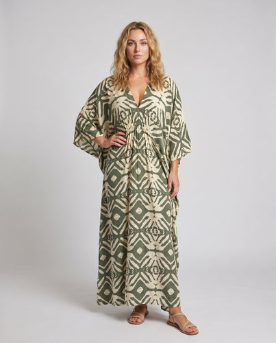 Damen Maxikleid mit künstlerischem Muster und elegantem V-Ausschnitt Heidi Mode