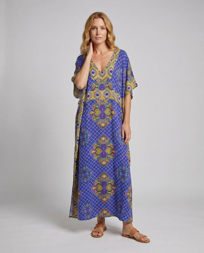 Damen Maxikleid mit kunstvollem Druck und weit schwingendem Saum Heidi Mode