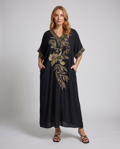 Damen Maxikleid mit kunstvoller Stickerei und tiefem V-Ausschnitt Heidi Mode