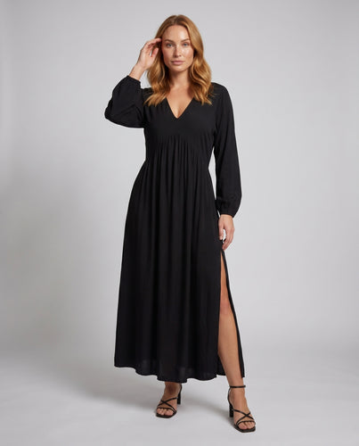 Damen Maxikleid mit lässigem V-Ausschnitt und raffiniertem Seitenschlitz Heidi Mode