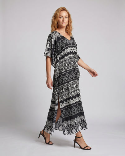 Damen Maxikleid mit raffiniertem Kordelzug und elegantem Mustermix Heidi Mode